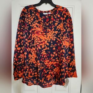 Liz Claiborne XL Red/Blk/Orange Satin V-Neck Long Sleeve Shirt